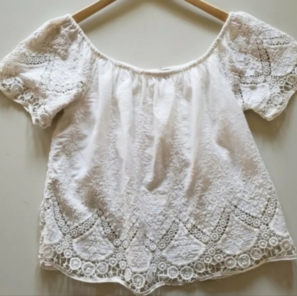 AE Embroidered Off Shoulder Boho Eyelet Beach Festival Casual Top White XS